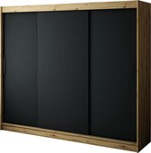 InspireMe - Kledingkast met 3 schuifdeuren, Modern-stijl, Een kledingkast met planken (BxHxD): 250x200x62 - JARED T 250 Artisan Eik + Zwart Mat met 4 lades