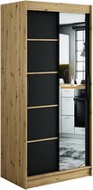 InspireMe - Kledingkast met 2 schuifdeuren, Modern-stijl, Een kledingkast met planken en een spiegel (BxHxD): 100x200x62 - JARED V2 100 Artisan Eik + Zwart Mat