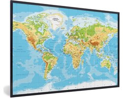 Poster in lijst - Fotolijst 90x60 cm - Posters - Wereldkaart - Staatkundig - Blauw - Aarde - Educatief - Posterlijst zwart - Decoratie - Wanddecoratie woonkamer - Muurdecoratie slaapkamer