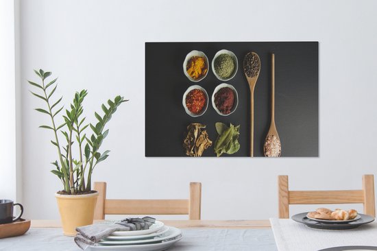 Toile Peinture Louche - Épices - Herbes - Vert - Marron - Rustique - 90x60 cm - Décoration murale