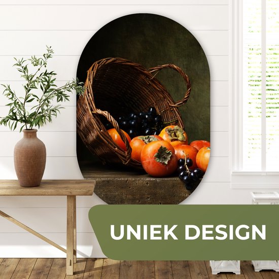 Ovale mural - Ovale mural - Décoration murale en plastique - Tableau ovale - Rustique - Fruits - Pichet - Panier - Nature morte - 80x120 cm - Forme miroir ovale sur plastique