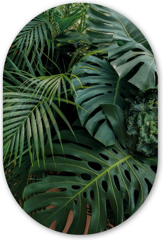 Muurovaal - Wandovaal - Kunststof Wanddecoratie - Ovalen Schilderij - Planten - Jungle - Bladeren - Tropisch - 60x90 cm - Ovale spiegel vorm op kunststof
