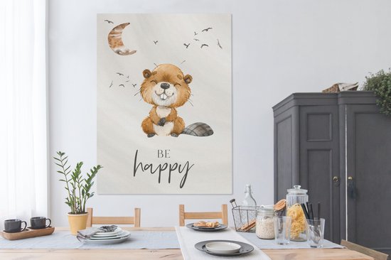 Canvas kids - Be happy - Jongen - Bever - Waterverf - Maan - Foto op canvas - Wanddecoratie kinderkamers - 120x160 cm - Kinderkamer decoratie - Foto op Canvas