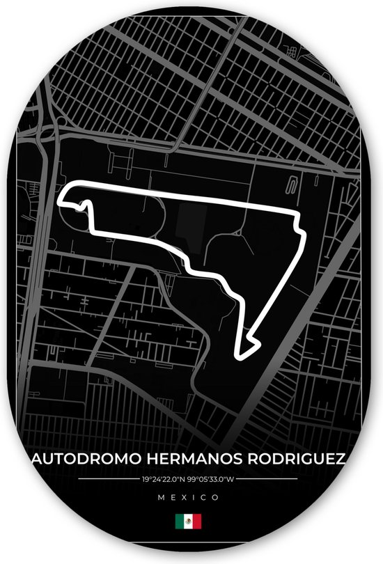 Muurovaal - Wandovaal - Kunststof Wanddecoratie - Ovalen Schilderij - Mexico - Circuit - Autodromo Hermanos Rodríguez - Formule 1 - Racing - Zwart - 40x60 cm - Ovale spiegel vorm op kunststof
