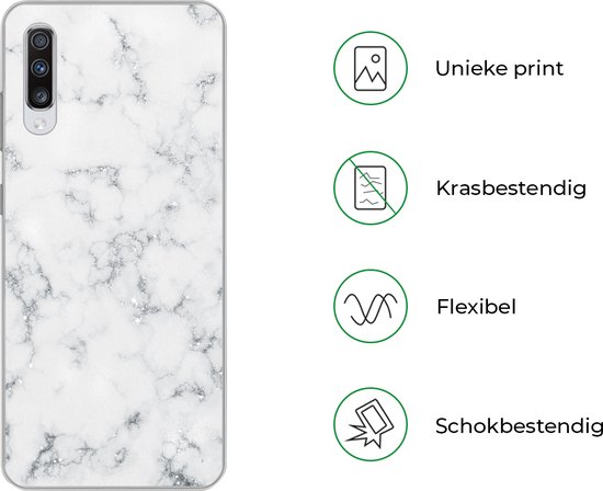 Coque Samsung Galaxy A70 - Marbre - Wit - Argent - Glitter - Aspect Marbre - Chique - Coque de téléphone en Siliconen