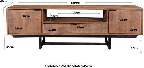 Tropical - TV-meubel - 150cm - 2 deuren - 1 lade - 1 nis - mangohout - staal