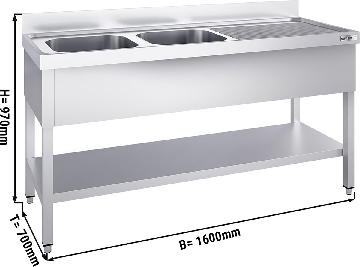 Spoeltafel met bodemplaat 1,6m - 2 spoelbakken links L 40 x B 50 x D 25 cm | GGM Gastro