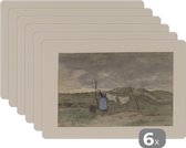 Placemat - Placemats kunststof - Vrouw bij een waslijn in de duinen - Schilderij van Anton Mauve - 45x30 cm - 6 stuks - Hittebestendig - Anti-Slip - Onderlegger - Afneembaar