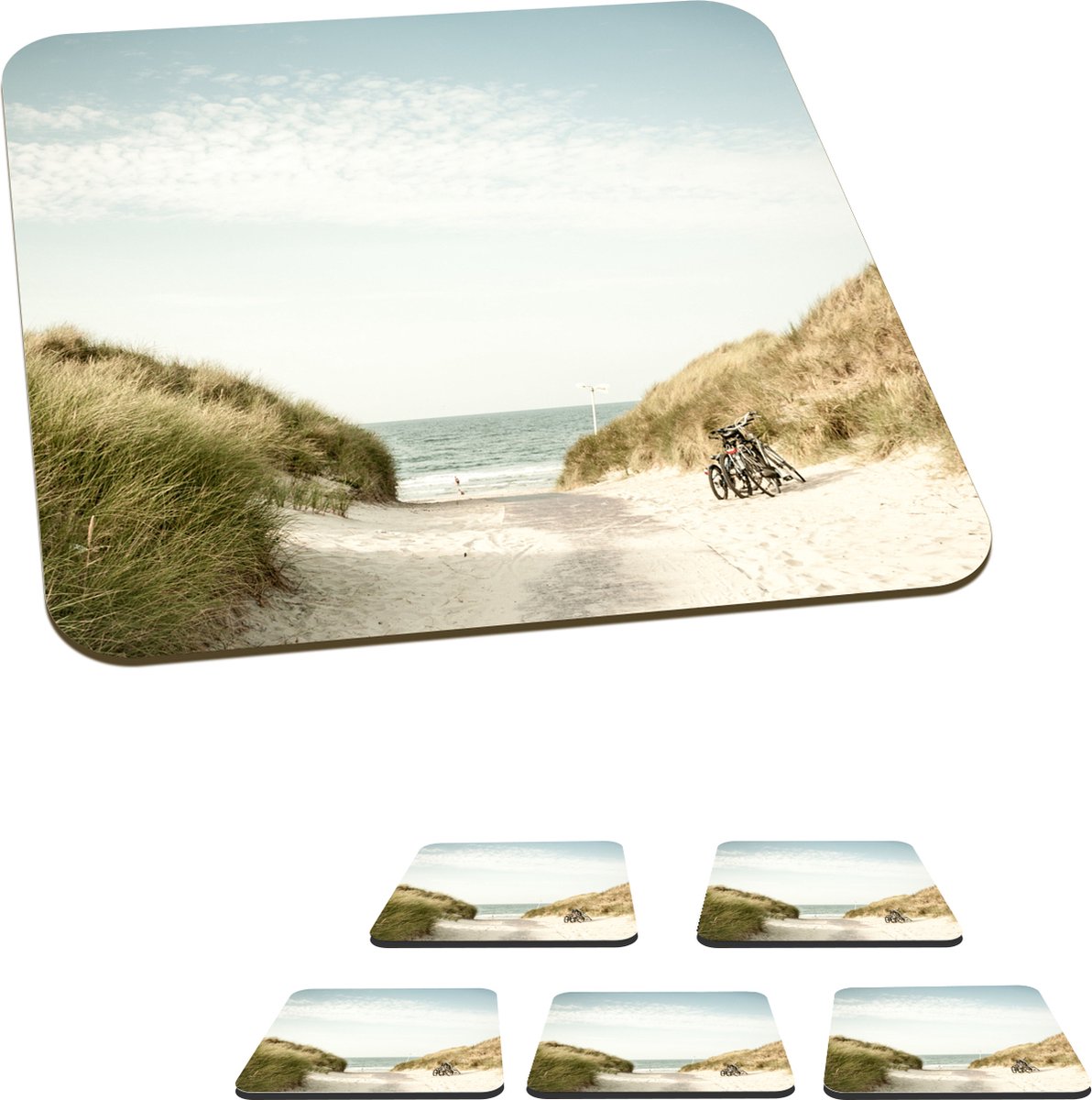 Onderzetters voor glazen - Strand - Fiets - Wolken - 10x10 cm - Glasonderzetters - 6 stuks