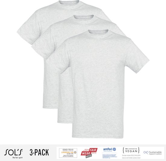 3 Pack Sol's Jongens/Meisjes T-Shirt 100% biologisch katoen Ronde hals Ash Grey Maat 130/140 (9/10 Jaar)