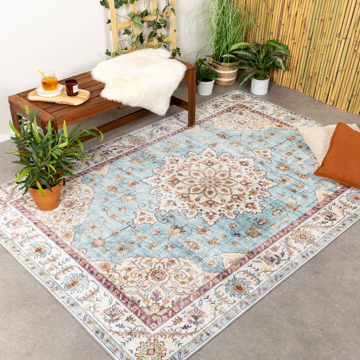 Fraai Vintage buitenkleed - Santo Medaillon Lichtblauw - 120x170cm