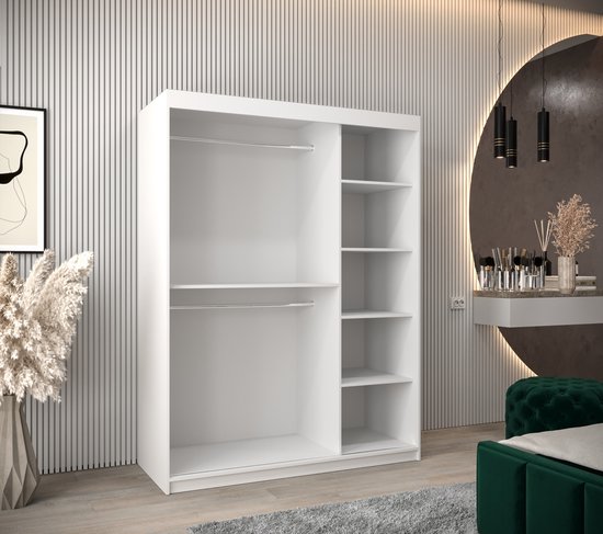 InspireMe - Armoire à 2 portes coulissantes, Style moderne, Une armoire avec des étagères et un miroir (LxHxP): 150x200x62 - VENEZIA I 150 Wit Mat
