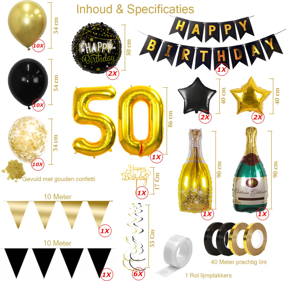 50 Jaar Abraham & Sarah Feest Verjaardag Versiering Confetti Helium Ballonnen Slingers Goud & Zwart Decoratie – 60 Stuks — afbeelding 2