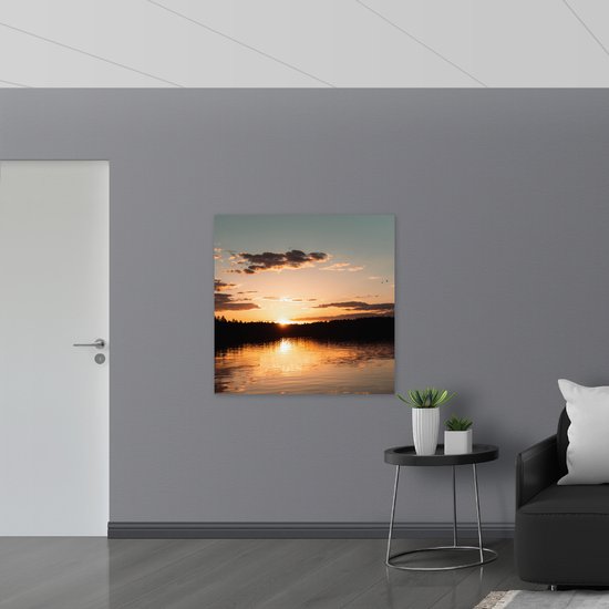 WallClassics - Canvas  - Zonsondergang aan Bosrand - 100x100 cm Foto op Canvas Schilderij (Wanddecoratie op Canvas)