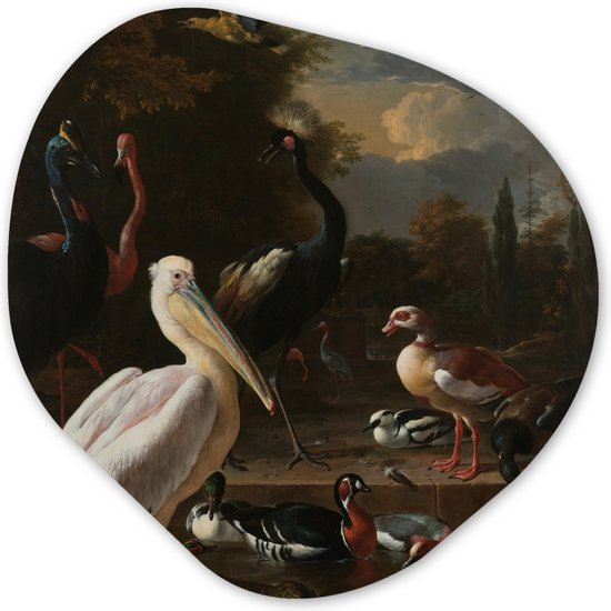 Organische Wanddecoratie - Kunststof Muurdecoratie- Organisch Schilderij - Een pelikaan en ander gevogelte bij een waterbassin - Schilderij van Melchior d'Hondecoeter- 90x90 cm - Organische spiegel vorm op kunststof