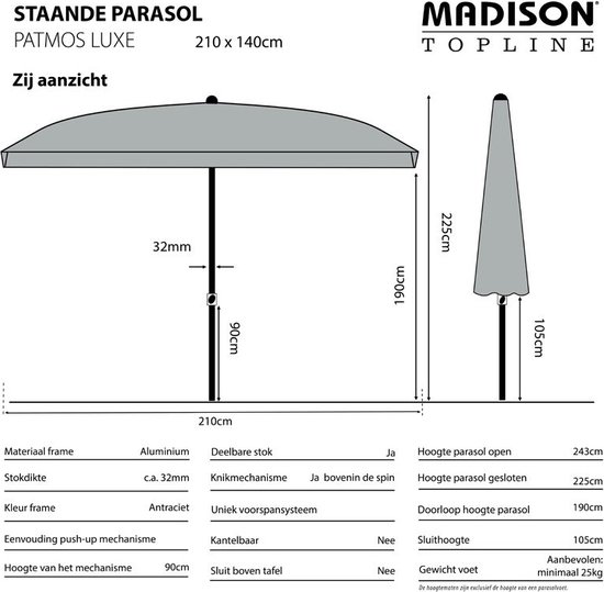 Parasol Rechthoek Grijs 210 x 140 cm Patmos Madison - Madison