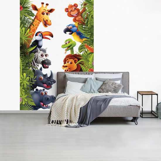 Behang babykamer - Fotobehang Jungle - Dieren - Jongens - Meisjes - Giraf - Olifant - Kids - Breedte 160 cm x hoogte 240 cm