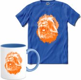 Oranje Leeuw - Oranje elftal WK / EK voetbal kampioenschap - bier feest kleding - grappige zinnen, spreuken en teksten - T-Shirt met mok - Heren - Royal Blue - Maat 3XL