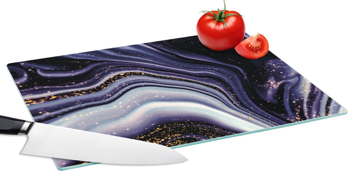 Glazen Snijplank - 39x28 - Marmer - Paars - Luxe - Marmerlook - Glitter - Snijplanken Glas