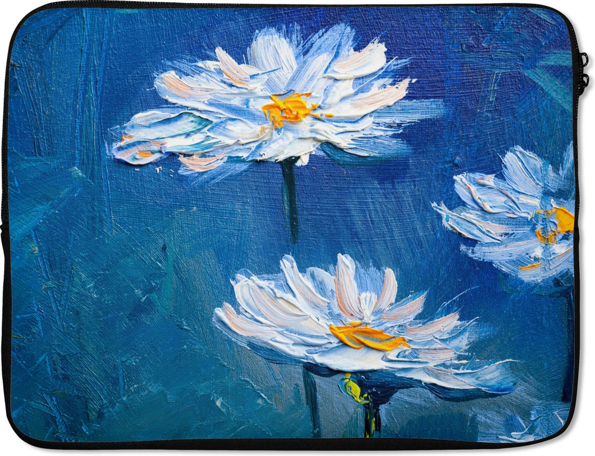 Laptophoes 17 inch - Schilderij - Olieverf - Bloemen - Blauw - Laptop sleeve - Binnenmaat 41x28 cm - Zwarte achterkant