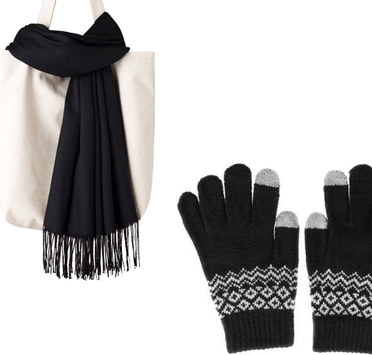 Winterset Zwart - Zwarte Sjaal 200*70cm + Zwarte Handschoenen Maat M