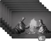 Placemat - Placemats kunststof - Dieren - Nijlpaard - Water - Zwart - Wit - 45x30 cm - 6 stuks - Hittebestendig - Anti-Slip - Onderlegger - Afneembaar
