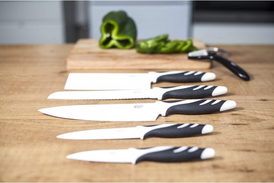 Cecotec Swiss Chef Knife Set Grip met siliconen inzetstukken, keramische antiaanbaklaag, zwart en wit, gepresenteerd in een hoes - Cecotec