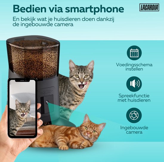 LaCardia Voerautomaat Zwart - automatische voerbak voor kat of hond - Verstelbare camera - smartphone besturing - 6.0 L voerautomaat - Voerdispenser - Lacardia