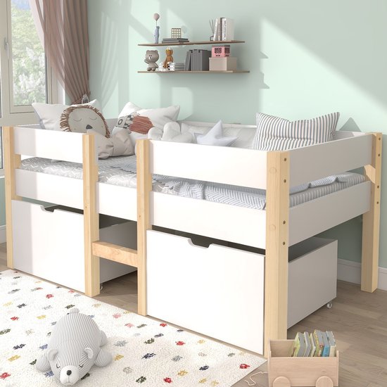 Low Loft Bed Frame For Kids- Bedbed met valbeveiliging en grote 2 lades- grenen massief hout 90x200 cm -wit & eiken