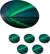 Onderzetters voor glazen - Rond - Noorderlicht - IJsland - Sterrenhemel - Groen - Water - 10x10 cm - Glasonderzetters - 6 stuks