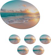 Onderzetters voor glazen - Rond - Zonsondergang - Strand - Zee - Zomer - Blauw - 10x10 cm - Glasonderzetters - 6 stuks