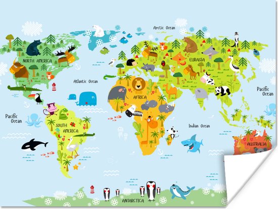 Affiche enfants - Wereldkaart - Enfants - Animaux - Nature - Garçons - Filles - Affiche chambre - Peinture pour enfants - 80x60 cm - Décoration chambre d'enfant