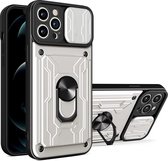 Geschikt voor iPhone 13 Pro hoesje met pashouder - camera bescherming cover en ring houder – Zilver – oTronica