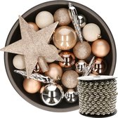 33x st kunststof kerstballen en piek-bruin-wit-zilver -en kralenslinger
