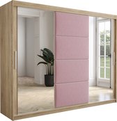 InspireMe - Kledingkast met 3 schuifdeuren, Modern-stijl, Kledingkast met planken, Kastfronten met spiegel en gestoffeerde panelen (BxHxD): 250x200x62 - TAPILA 250 - Sonoma Eik + Roze met 4 lades