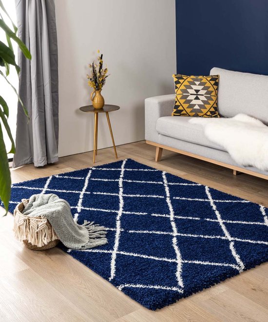 Hoogpolig vloerkleed ruiten Artisan - marineblauw/wit 60x110 cm