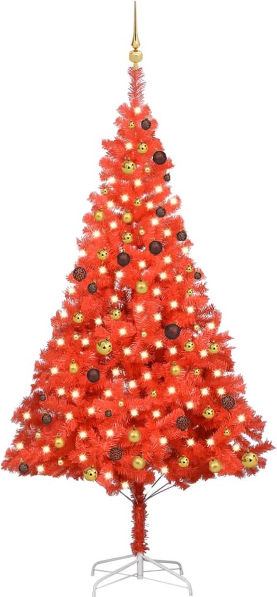 Prolenta Premium - Kunstkerstboom met LED's en kerstballen 240 cm PVC rood