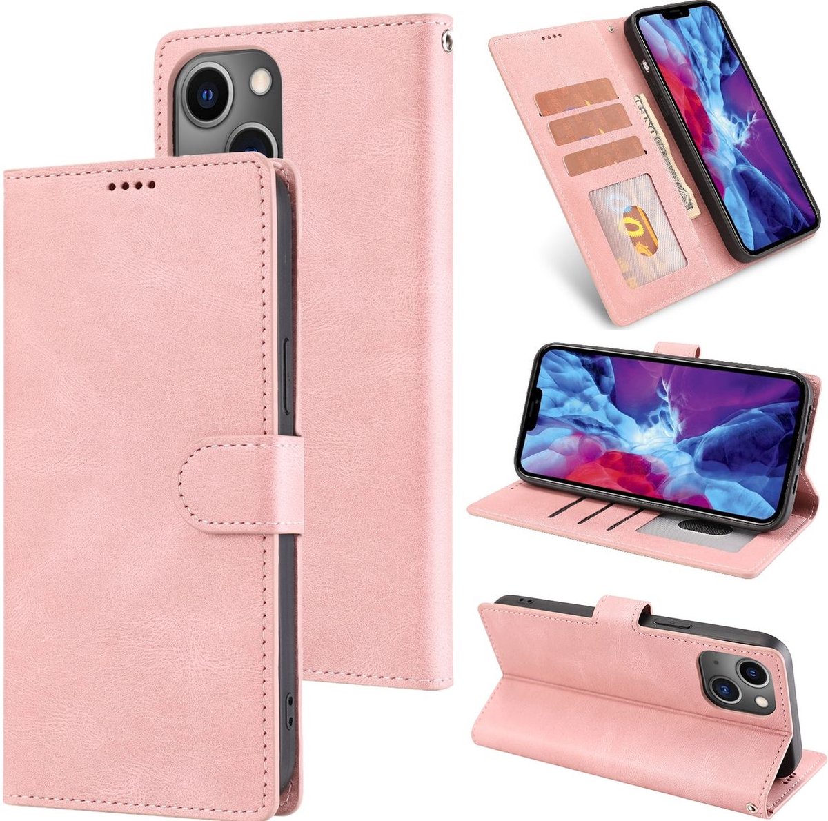 Mobigear Telefoonhoesje geschikt voor Apple iPhone 14 Plus Hoesje | Mobigear Wallet Bookcase Portemonnee | Pasjeshouder voor 3 Pasjes | Telefoonhoesje voor Pinpas / OV Kaart / Rijbewijs - Roségoud