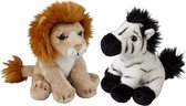 Ravensden - Safari dieren knuffels - 2x stuks - Zebra en Leeuw - 15 cm