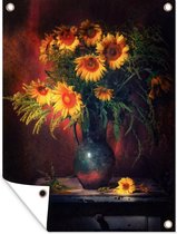 Tuinschilderij Zonnebloemen - Vaas - Stilleven - 60x80 cm - Tuinposter - Tuindoek - Buitenposter