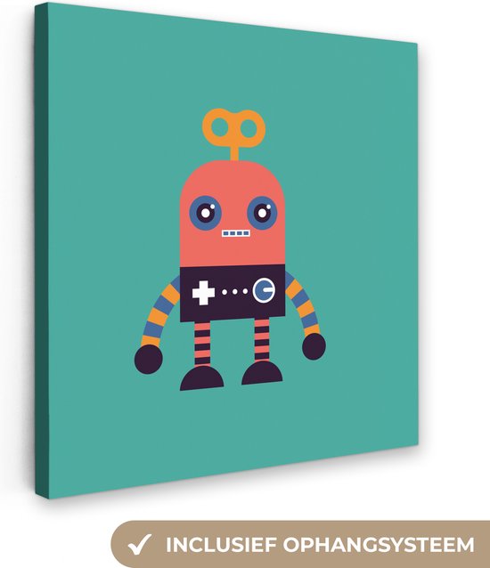 Canvas schilderij kinderen - Wanddecoratie kinderkamers - Robot - Speelgoed - Groen - 20x20 cm - Canvas doek kids - Muurdecoratie