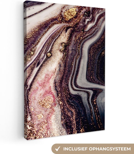 Canvas Schilderij Marmer - Roze - Goud - Glitter - Marmerlook - 40x60 cm - Wanddecoratie