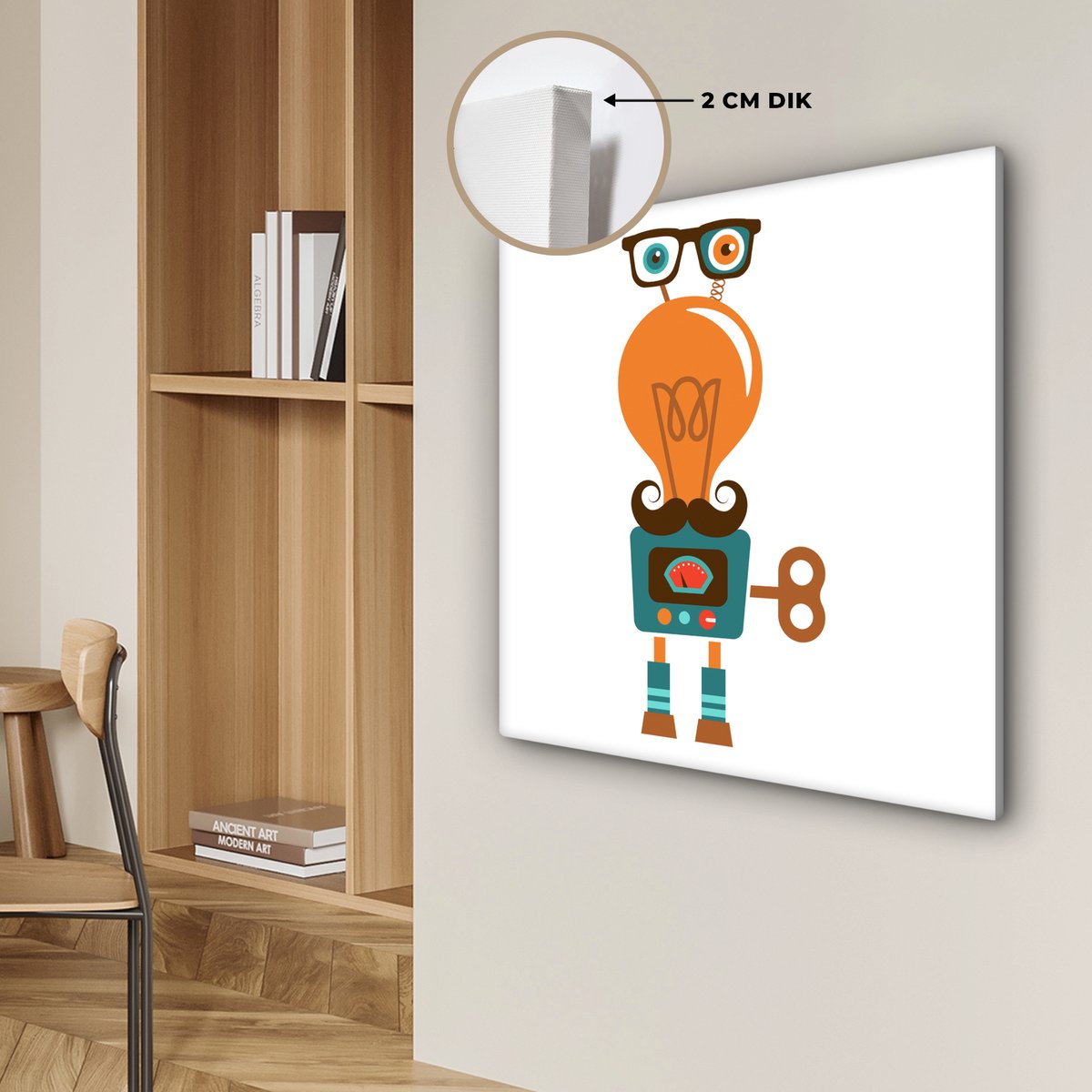 Canvas schilderij 50x50 cm - Wanddecoratie Robot - Bril - Gloeilamp - Snor - Kinderen - Jo