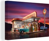 Canvas Schilderij Tankstation - Auto - Vintage - 120x80 cm - Wanddecoratie