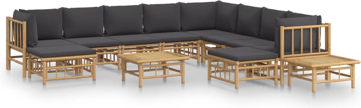 vidaXL 12-delige - Loungeset - met - kussens - bamboe - donkergrijs