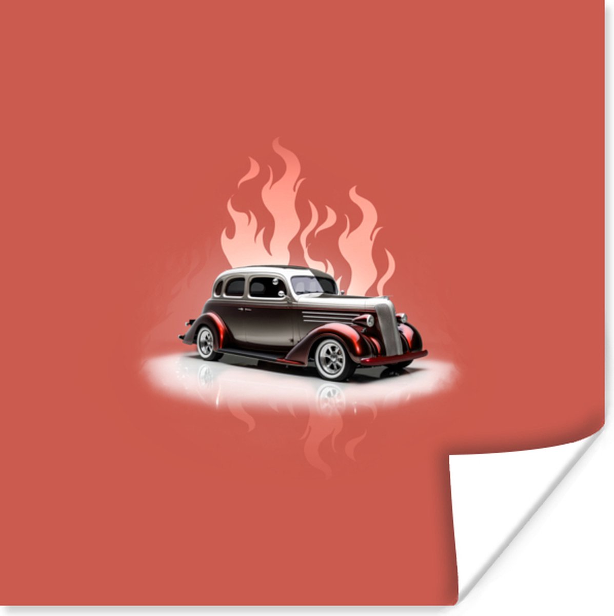 Poster Auto - Roze - Vintage - Vlammen - 75x75 cm