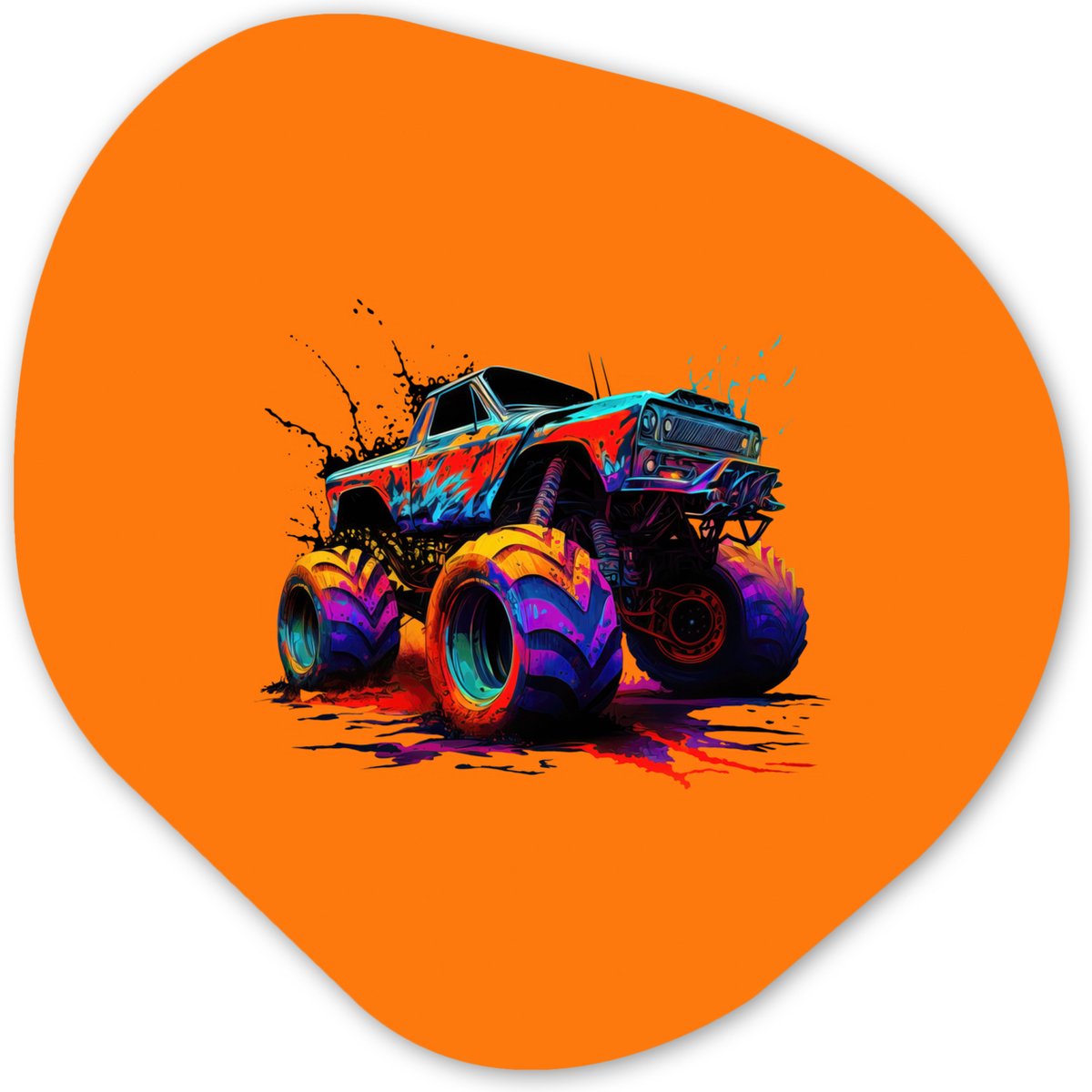Organische wanddecoratie 60x60 cm - Organisch schilderij Monstertruck - Neon - Verf - Oranje - Muurdecoratie woonkamer - Kamer decoratie - Schilderijen - Muurcirkel aesthetic