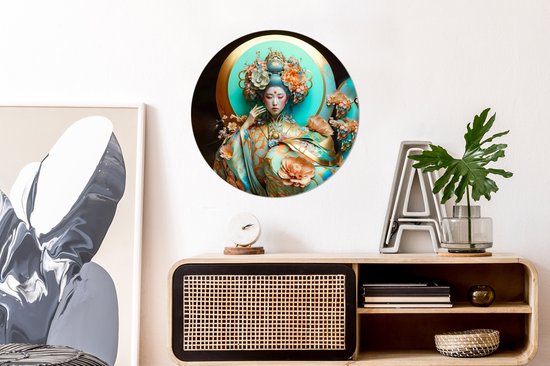 WallCircle - Wall Circle - Wall Circle Indoor - Femme - Kimono - Fleurs - Goud - Portrait - 60x60 cm - Décoration murale - Peintures Ronds
