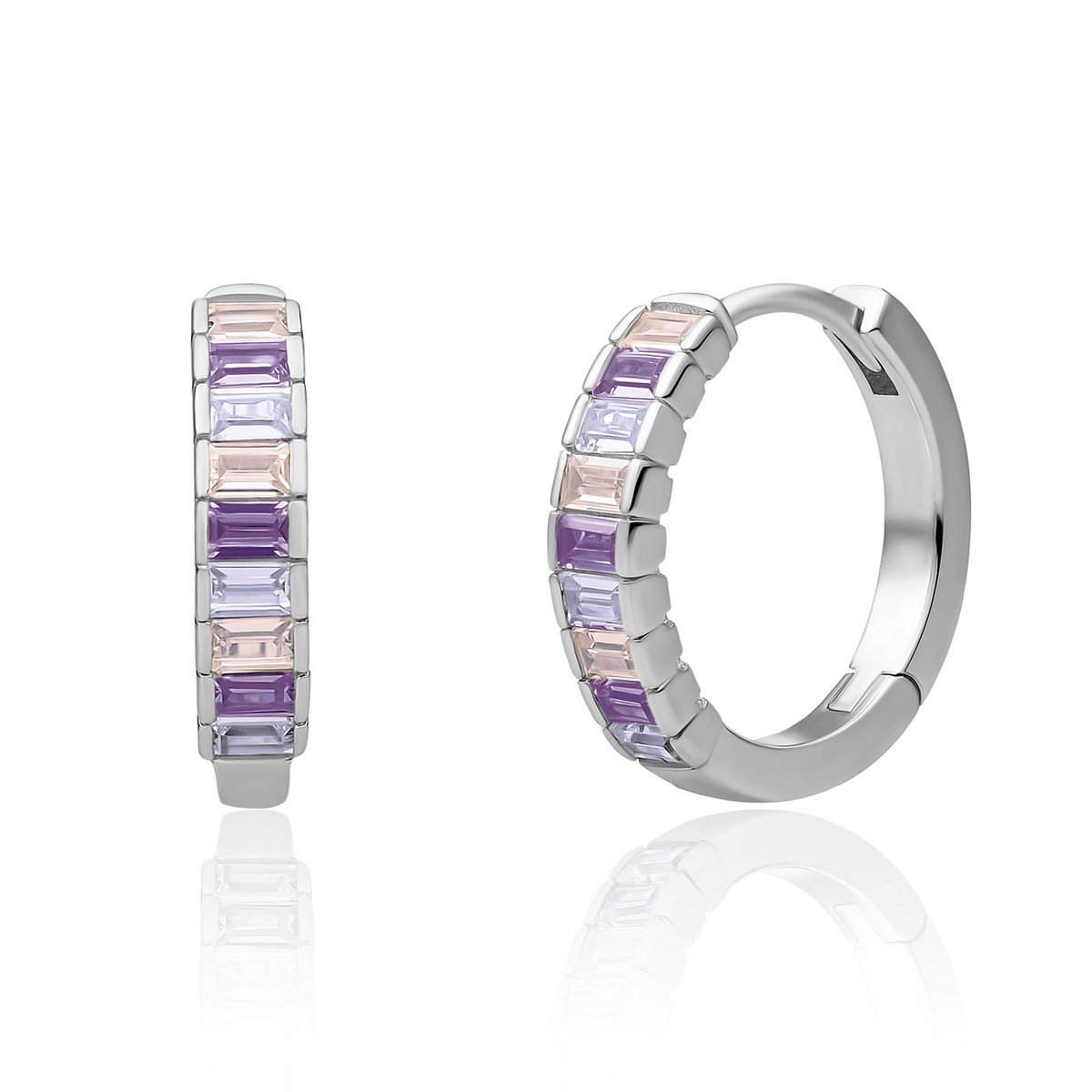 Sparkling Jewels Oorbellen |Silver Baguette Huggies Purple CZ EAS23-CZ04
