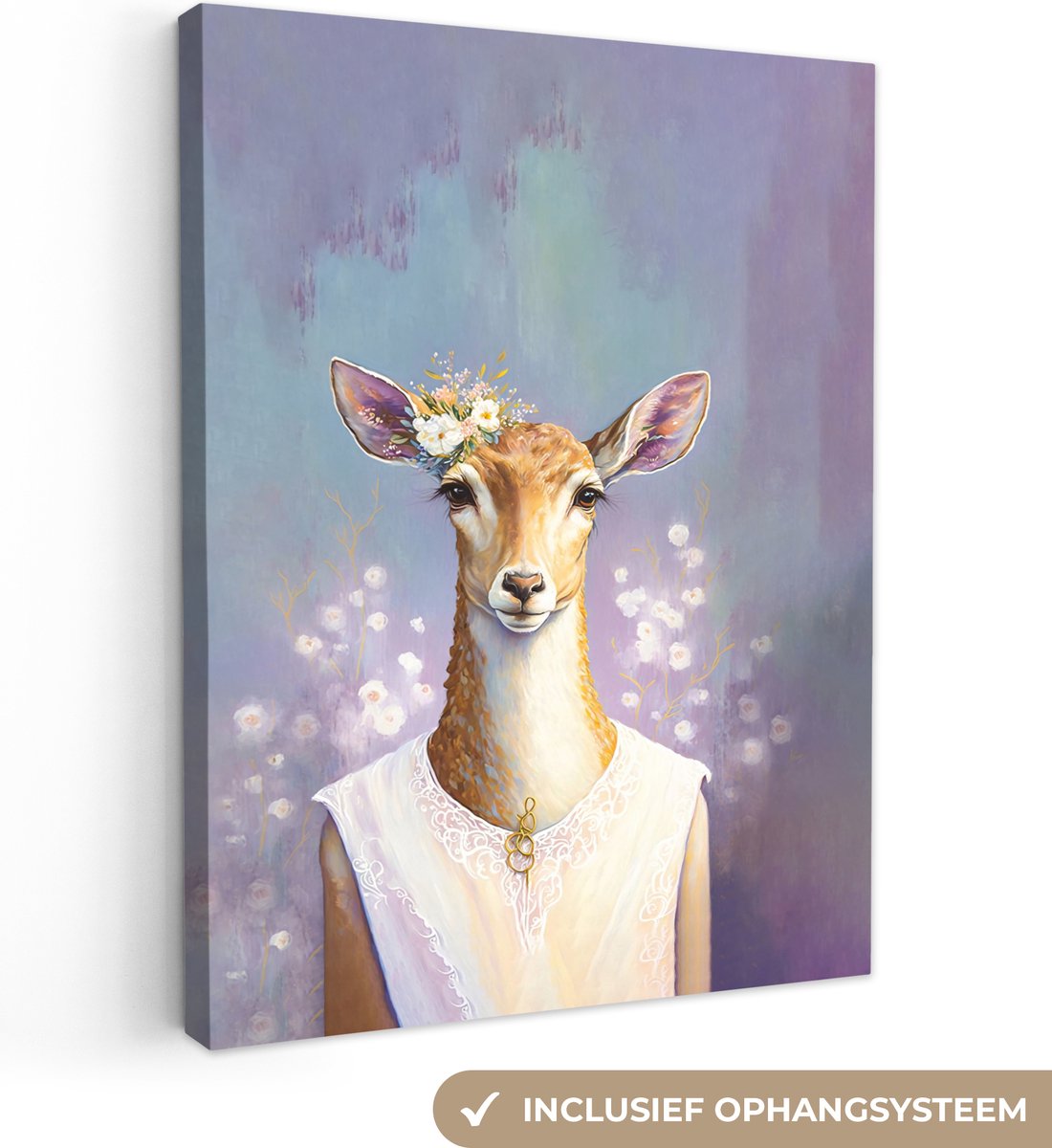 Canvas Schilderij Hert - Bloemen - Verf - Portret - Dieren - 60x80 cm - Wanddecoratie